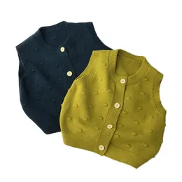Bahar Yeni Çocuk Giysileri Güzel Ponpon Tasarım Kızlar Örgü Yelek Hırka Tek Göğüslü Erkek Kazak Kolsuz Çocuk Üstleri 210413