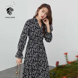 Fansilanen v Neck Sexy Floral Print Spring Vestido Mulheres Flare Manga Escritório Preto Preto Longo Boho Feriado Elegante Feminino 210607