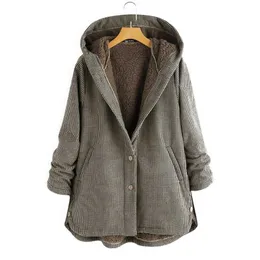 Coat Autumn And Winter Women's Plaid Loose Plus Velvet Buttons High Street Hooded Jacket Manteau Femme En* 211110