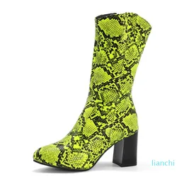 Boots Autumn Winter Mid-calf Women Fashion Snake Print Ladies Casual Block Heels Shoes For Large Size