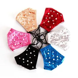 Fashion Rhinestone Pearl Masks Washable Solid Color Breathable Cotton Mouth Cover Party Face Mask Reusable Cycling Windproof Mask DAP360