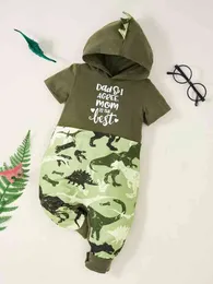 Baby Dinosaur & Slogan Graphic 3D Patched Hooded Jumpsuit SHE