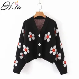 H.SA Vinteranmälan Kvinnor V Neck Button Up Black Cardigans Cashmere Sweater Sweet Floral Coat 210417