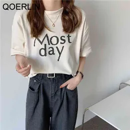 Simple Letter Print Cotton T-Shirts Women Harajuku Apricot Short Sleeve T-shirt Korean Style Loose Casual Girls Tops O-Neck Tees 210601