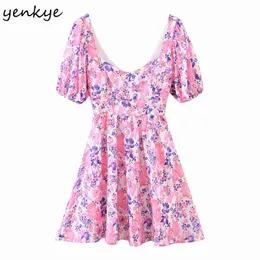 Vestido de fiesta elegante con estampado Floral de verano para Mujer, Vestido de manga acampanada con espalda descubierta Sexy para Mujer, minivestido calado 210430