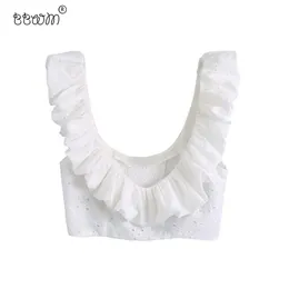 Women Sweet Chic Openwork Embroidery Cropped Blouses Vintage Back Elastic Ruffles Shirts Girls Chic Tops 210520