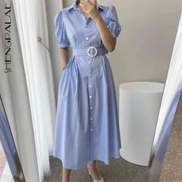 Striped Shirt Dress Women's Summer Laple Single Breasted Short Sleeve Mid-calf Dresses Whit Belt 16F0868 210427