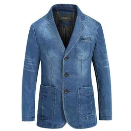 Brand Denim Jacket Men Autumn Blazer Slim Fit Military Single Breasted Turn-down Collar Jeans Coat Plus Size XXXXL 210811