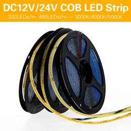 COB LED Strip Light 320 480 LED 8mm FOB wysokiej gęstości Cobs elastyczne paski Lights RA90 3000K 4000K 6000K Taśma DC12V 24V 5m / LOT