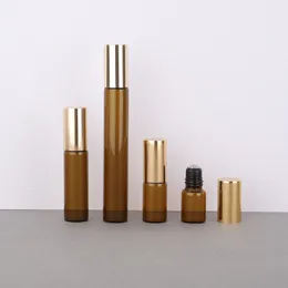 100個/ロット1ml 2ml 3ml 5ml 10m琥珀色のガラスロールガラス/金属球茶色の薄いガラスローラー