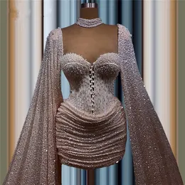 푹신한 긴 소매 칵테일 이브닝 드레스 2021 비즈 짧은 파티 드레스 아랍어 중동 댄스 파티 드레스 Vestidos de Fiesta