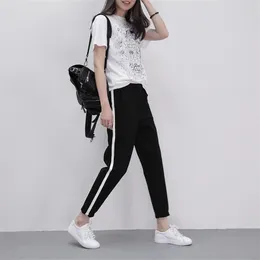 Top Fashion Women Leather Striped Harem Pants Women Black Casual High Waist Pants Drawstring Loose Trousers Pantalon Femme 210419