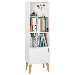 White Bookcase 4 Tiers Bookshelf Freestanding Cubes Storage Unit Display Shelves Modern Living Room Furniture with 1 Door 40x30x129.5cm