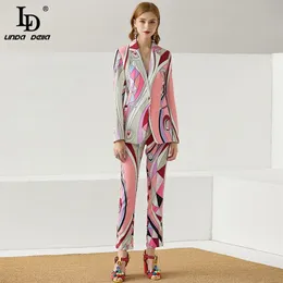 Tasarımcı Sonbahar Moda 2 Parça Set kadın Baskı Tek Düğme Uzun Ceket Ve Ince Tam Boy Pantolon Takım Elbise 210522
