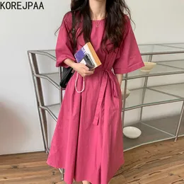 Korejpaa mulheres vestido verão coreano chique senhoras suave rosa vermelha redonda pescoço solto gravata cintura manga curta grande balanço vestido 210526