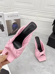 Pantofole con tacco alto spiegazzate da donna di colore estivo 2021 intrecciate a mano sandali punta aperta sexy con testa quadrata in pelle italiana alta 9,5 cm