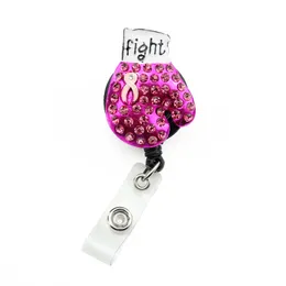 5st/Lot Custom Bling Rhinestone Crystal Breast Cancer Awareness Pink Ribbon Boxing Glove Badge Reel Holder For Decoration