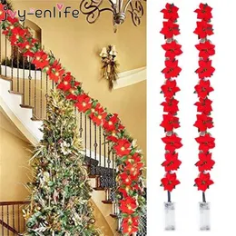 2m 10LED Natale Poinsettia artificiale Fiori Ghirlanda Stringa di luci Foglie di agrifoglio Albero di Natale Ornamento Decorazioni natalizie per la casa 211122