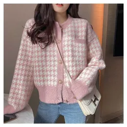 Koreanska Houndstooth Short Sweater Cardigan Jacket Kvinnor Elegant Imitation Mink Fleece Knitwear Toppar Vintage O-Hals Stickade Coats 211011