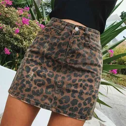 Sexy ripped leopard print skirts womens mini denim Streetwear pencil high waist faldas mujer moda 210629