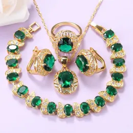 Luxurious Gold Color Dubai Gioielli Green Cubic Zirconia Braccialetto di fascino collana e orecchini set per le donne regalo