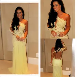 Oscar Yellow Mermaid Koronki Z Długim Rękawem Prom Dresses Sheer Szyfon Suknie Wieczorowe Długa Celebrity Red Carpet Suknie One Neckline