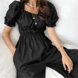 Sqaure Collar Short Sleeve Solid Jumpsuits Women High Wiast Hip Wide Leg Bodysuits Summer Casual Ol Playsuits 210529