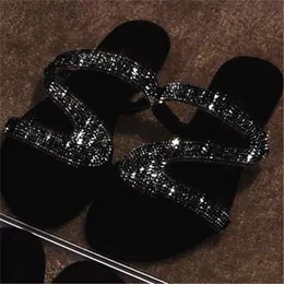 Mulheres plana slides designer sandálias moda meninas strass chinelo preto branco verão praia flip flops grande qualidade superior a1