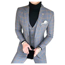 Män Klänning Passar British Mens Bröllopsdräkt Lyx 3 Piece Suit Mäns Suit Senaste Jacket Design Blazer Fashion Plaid Bröllopsklänning X0909