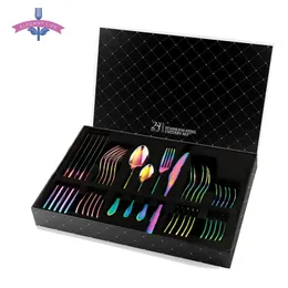 24 PZ Arcobaleno Stoviglie Non sbiadito Set di posate Set posate Posate in acciaio inox Dinnerware Colorato El Party Confezione da cucina Cucina 211228