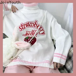 Loose Knit Pullover Sweater, Women's Oversized Pullover Sweaters with  Turtleneck Pink Knitted Jumper with Strawberry Embroidery, Casual Loose  Fit
