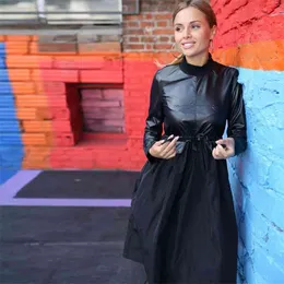 Foridol Faux Deri PU Eklenmiş Kış Elbise Kadınlar Zarif Siyah Uzun Kollu Bayanlar A-Line Turtleneck Elbise 210415