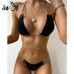 In-X Sexy Chain Bikini Set 2020 Micro Biquinis Metalowy Swimsuit Swimsuit Kobiet Push Up Swimwear Kobiety Halter Swimsuit Strój kąpielowy Nowy X0522