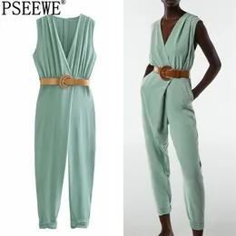 Grön lång kvinnlig jumpsuit sommar modebälte ärmlös wrap elegant kvinna jumpsuits ruched overalls kvinnor 210519