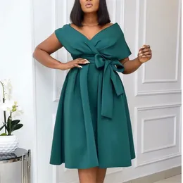 Women Party Dress V Neck with Waist Belt Bowtie Pleated A Line Occation Birthday Christmas Event Celebrate Fashion African XXXL 210331