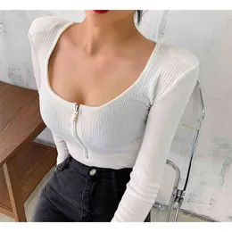 Wwenn女性Tシャツ長袖韓国の基本的な綿セクシーなTシャツトップレディ衣料品春秋ジッパーUネックTシャツFemme 210507