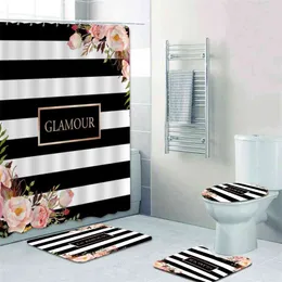 Classy Black White Stripes Floral Shower Curtain Set Elegant Personalised Bath Curtain for Bathroom Mats Rugs Bathtub Home Decor 210402