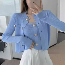 Spring Women Fashion Two-Piece Set Golden Button Single Breasted Stickad Top Cardigan + Sexig Vest Suit 210519