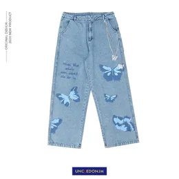 Uncledonjm Butterfly Partded + цепочка джинсы мужская хип-хоп уличная одежда мужские джинсы джинсовые WO Fashions Black HM1072 210716