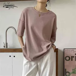 Korean Loose Oversize Cotton Short Sleeve Tee Shirt Women Blusas Mujer De Moda Fashion Simple Bottoming Tops 9669 210521