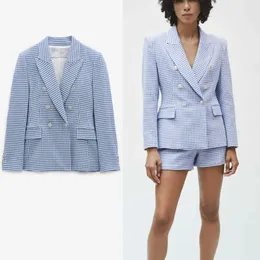Za Blue Houndstooth Summer Blazer Women Long Sleeve Pronounced Shoulders Plaid Vintage Blazers Woman Casual Fit Outerwear 210602