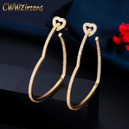 Trendy White Cubic Zirconia Yellow Gold Color Love Heart Shape Big Hoop Earrings for Women Jewelry Gift CZ799 210714