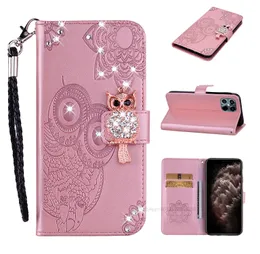 3d uggla läder plånbok fodral för iPhone 13 mini 2021 12 11 PRO MAX X XR XS 8 7 6 Bling Diamond Flower Lace Cute Slot Flip Cover Night Bird