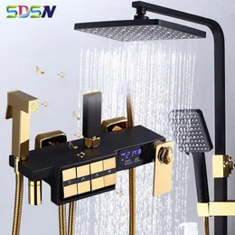 Badrumsduschuppsättningar Piano Digital Set SDSN Solid mässing Black Gold Thermostatic Faucet Luxury Pianoforte