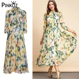 Robe Madi Dress Mulheres Rosa Camélias Flor Amarelo Bow Collar Chiffon Lady Femme Vestidos A-Line para Partido Plus Size Chic 210421