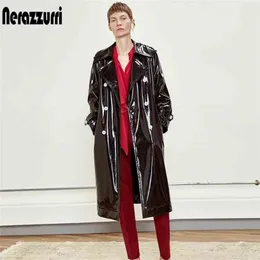 Nerazzurri Long waterproof black patent leather trench coat for women double breasted iridescent oversized leather coat 7xl 210916