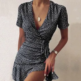 Casual Dresses Women Floral Print Dress Sexy Deep V-neck Bandage Mini Short Sleeve Vintage Summer Kleider #G2