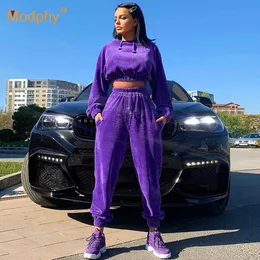 2 Two Piece Set Sport Suit Pink Fleece Crop Top Hoodies Sweat Pants Women Matching Sets Clothing Outfit 210527