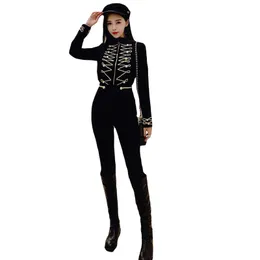 Women Two Piece Golden Embroidery Zipper Front Short Jacket Coat + Pencil Bootcuts Pant Set Crop Top Streetwear Runway Suit 210416