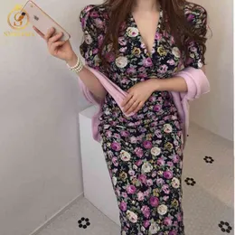 到着女性サマリードレスセクシーなVネック韓国のファッションビンテージ花柄プリントミディレディースエレガントなシックES 210520